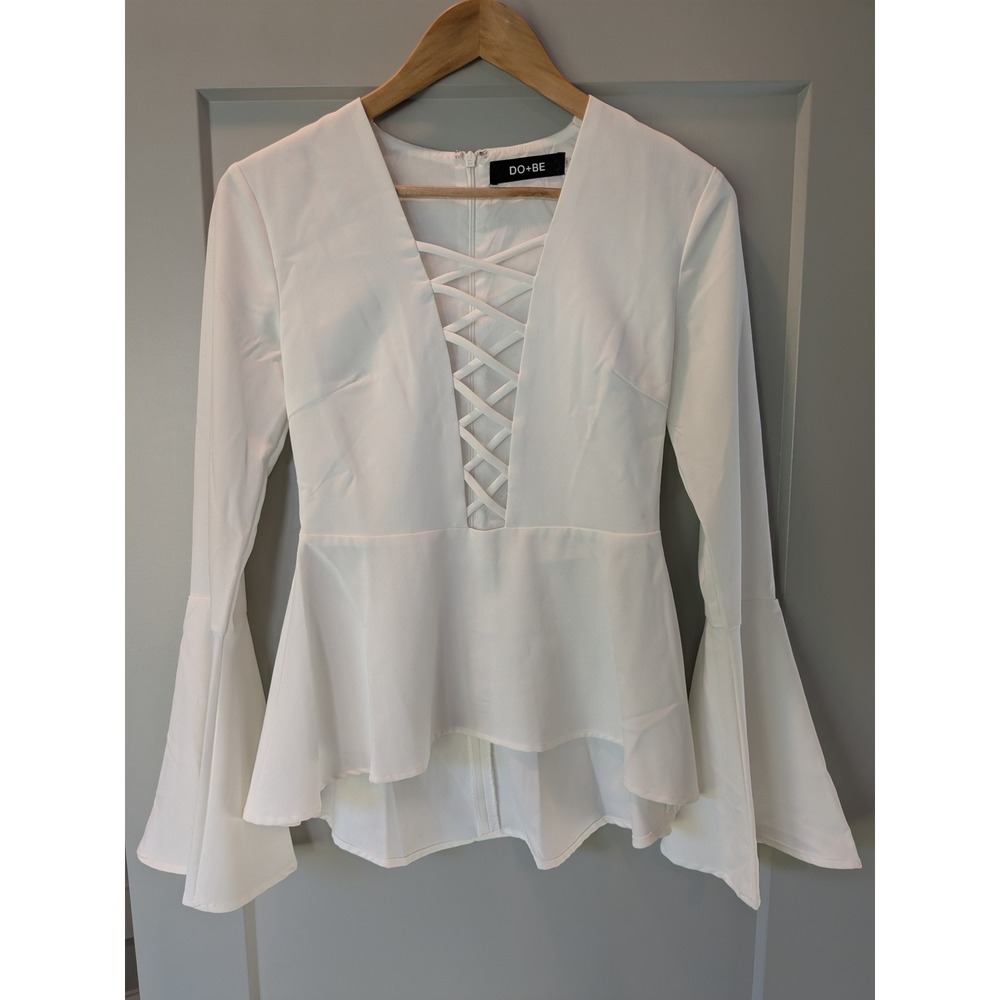 DO+BE White Peplum Top Bell Sleeve Lace‎ Up Blouse Party Cocktail S